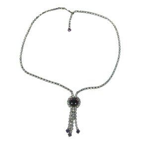 Silvertone Rhinestone Necklace Cabochon Pendant Dangle Cocktail Chocker 15 inch